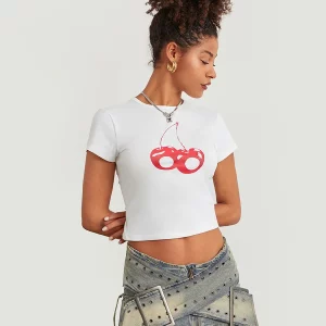 Cherry Print Short Sleeve Crop Top for Women, Girls & Babies