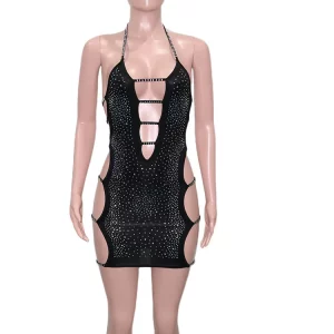 Chic Black Crystal Mini Dress with Cut-Out Detail, Spaghetti Straps, Sequins - Summer Night Outfit