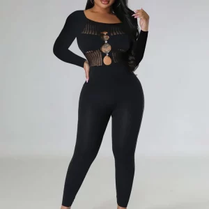 Chic Black Long Sleeve O Neck Hollow Out Jumpsuit - Women's Sexy Skinny Romper