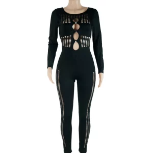 Chic Black Long Sleeve O Neck Hollow Out Jumpsuit - Women's Sexy Skinny Romper