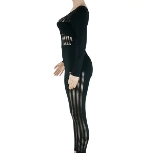 Chic Black Long Sleeve O Neck Hollow Out Jumpsuit - Women's Sexy Skinny Romper