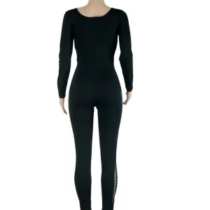 Chic Black Long Sleeve O Neck Hollow Out Jumpsuit - Women's Sexy Skinny Romper