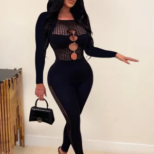 Chic Black Long Sleeve O Neck Hollow Out Jumpsuit - Women's Sexy Skinny Romper