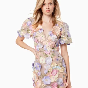 Chic Floral Applique Mesh Mini Dress | Women's V-neck Slim Party Dress