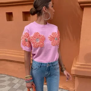 Chic Floral Print Women's Knit Pullover | Slim Fit O-neck Sweater | Short Sleeve | 2024 Spring