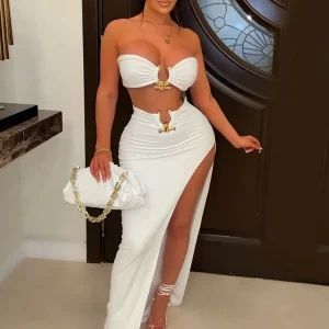 Chic Gold Ring Bandeau Slit Skirt Set - Off Shoulder Nightclub Outfit