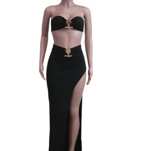 Chic Gold Ring Bandeau Slit Skirt Set - Off Shoulder Nightclub Outfit