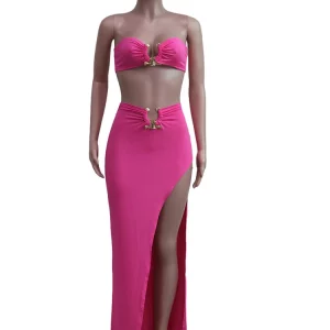 Chic Gold Ring Bandeau Slit Skirt Set - Off Shoulder Nightclub Outfit