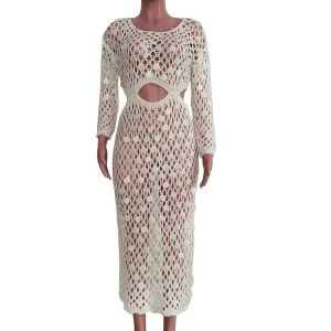 Chic Mother of Pearl Crochet Cover-Up Dress for Women - Summer Sequins Beach Dress