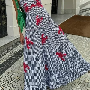 Chic Plaid Printed Off-Shoulder Maxi Dress for Women