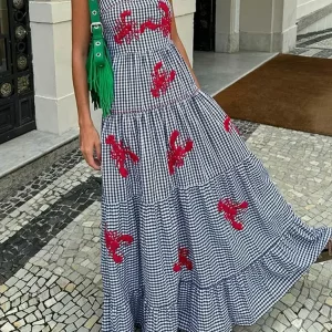 Chic Plaid Printed Off-Shoulder Maxi Dress for Women