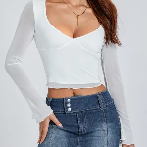 Chic Sheer Long Sleeve V-Neck Women's Cropped T-Shirt