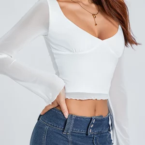 Chic Sheer Long Sleeve V-Neck Women's Cropped T-Shirt