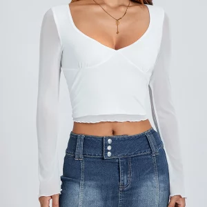 Chic Sheer Long Sleeve V-Neck Women's Cropped T-Shirt