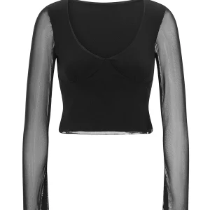 Chic Sheer Long Sleeve V-Neck Women's Cropped T-Shirt