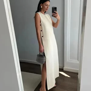 Chic Sleeveless Midi Dress | O-neck Button Detail | 2024 Spring Summer Fashion