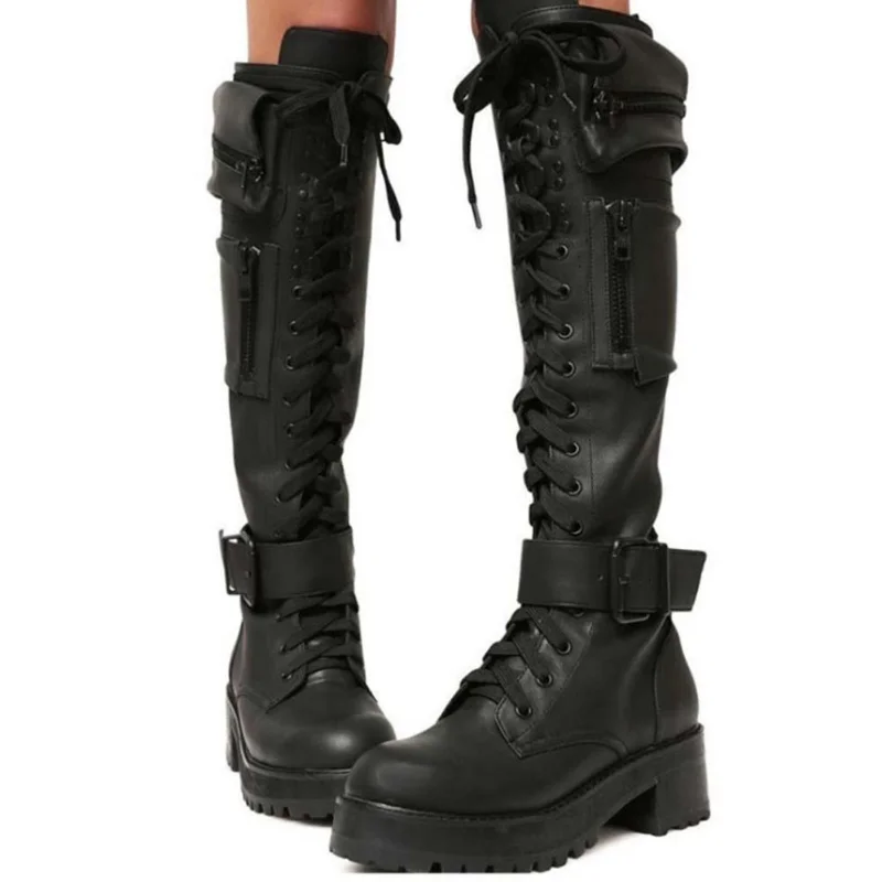 Chunky Heel Zipper Knee High Boots for Women, Goth Design with Pocket, Lace Up, Big Size 48