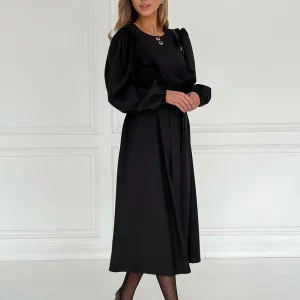 Clacive Black Office Women Dress 2024 - Elegant O-Neck Midi Dress with Lace-Up Detail