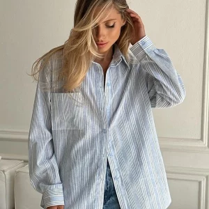 Clacive Blue Stripe Women's Shirt | Casual Lapel Blouse