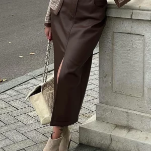 Clacive Brown PU Leather Women's High Waist Midi Skirt