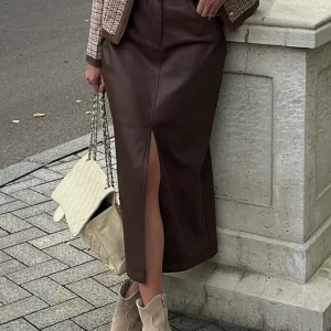 Clacive Brown PU Leather Women's High Waist Midi Skirt