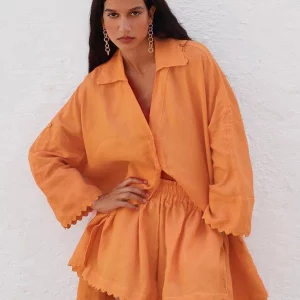 Clacive Casual Orange Cotton 2-Piece Women's Outfit - 2024 Fashion Long Sleeve Shirt & Ruffle