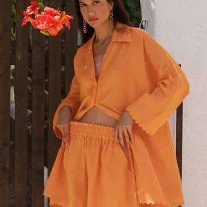 Clacive Casual Orange Cotton 2-Piece Women's Outfit - 2024 Fashion Long Sleeve Shirt & Ruffle