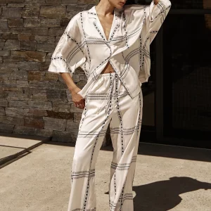 Clacive Elegant Print 2-Piece Women's Outfit: Casual Long Sleeve Shirt & High Waist Wide Pants Set