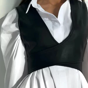 Clacive Elegant White Cotton Women's Dress with Lapel & Long Sleeves