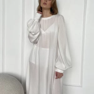 Clacive Elegant White Dress | Women's Casual O-Neck Long Sleeve Fashion Dress