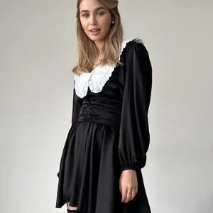 Clacive Fashion Black Satin Doll Collar Mini Dress