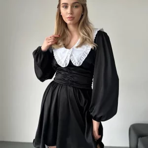 Clacive Fashion Black Satin Doll Collar Mini Dress