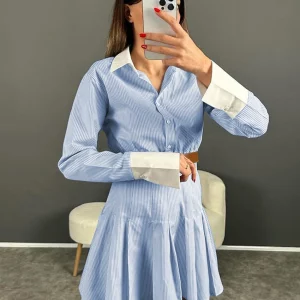 Clacive Fashion Blue Stripe Women's Dress | Elegant Lapel Long Sleeve Mini Dress