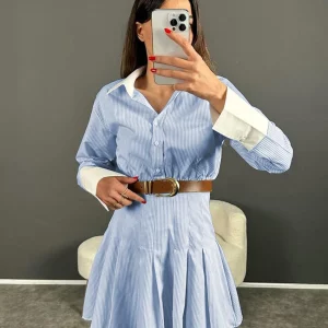 Clacive Fashion Blue Stripe Women's Dress | Elegant Lapel Long Sleeve Mini Dress