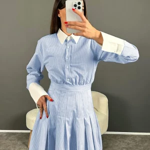 Clacive Fashion Blue Stripe Women's Dress | Elegant Lapel Long Sleeve Mini Dress