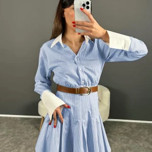 Clacive Fashion Blue Stripe Women's Dress | Elegant Lapel Long Sleeve Mini Dress