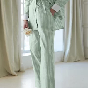 Clacive Fashion Green Stripe Patchwork 2-Piece Set - Stylish Long Sleeve Shirt & High Waist Pants