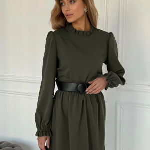 Clacive Fashion Green Women's Casual O-Neck Midi Dress