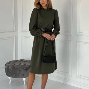 Clacive Fashion Green Women's Casual O-Neck Midi Dress