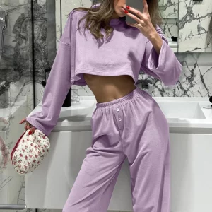 Clacive Fashion Purple 2-Piece Women's Outfit 2024 | Elegant Long Sleeve Crop Top & Wide Pants