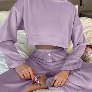 Clacive Fashion Purple 2-Piece Women's Outfit 2024 | Elegant Long Sleeve Crop Top & Wide Pants