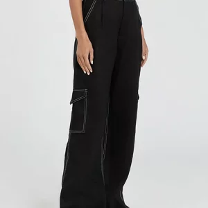 Clacive Fashion Slim Black Linen Women's Cargo Pants