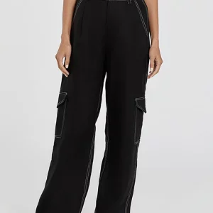 Clacive Fashion Slim Black Linen Women's Cargo Pants