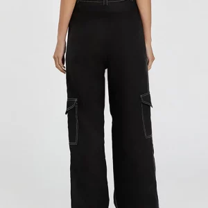 Clacive Fashion Slim Black Linen Women's Cargo Pants