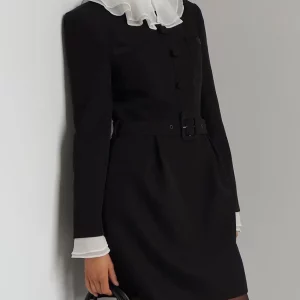 Clacive Fashion Slim Black Office Women Dress - Elegant Ruffle Collar Mini Dress