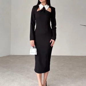 Clacive Fashion Slim Black Women's Bodycon Dress - Elegant Long Sleeve Midi Dress