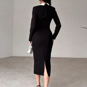 Clacive Fashion Slim Black Women's Bodycon Dress - Elegant Long Sleeve Midi Dress