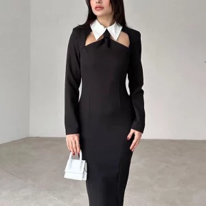 Clacive Fashion Slim Black Women's Bodycon Dress - Elegant Long Sleeve Midi Dress