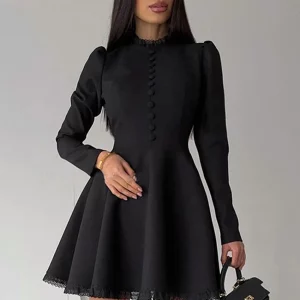 Clacive Fashion Slim Black Women's Elegant O-Neck Long Sleeve Mini Dress