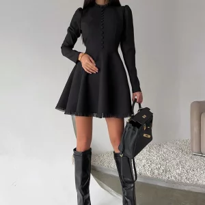 Clacive Fashion Slim Black Women's Elegant O-Neck Long Sleeve Mini Dress